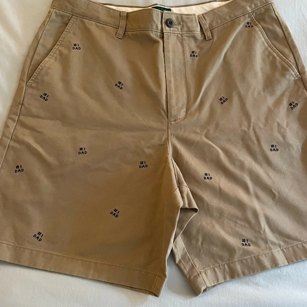 J. Crew Men's 8” Classic Tan Chino Shorts with #1 Dad Embroidery, 34W, NWOT